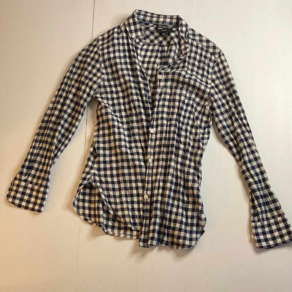 J crew classic fit shirt in crinkle navy blue and white gingham size 3